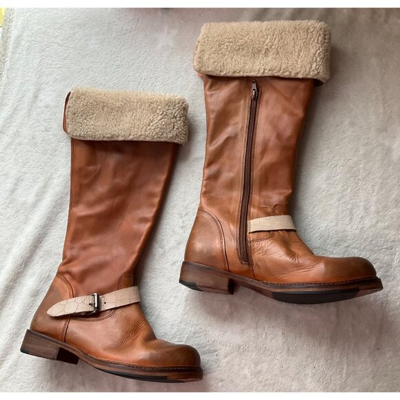 Tan Leather Combat Boots with Shearling Cuff - Picture 11 of 15